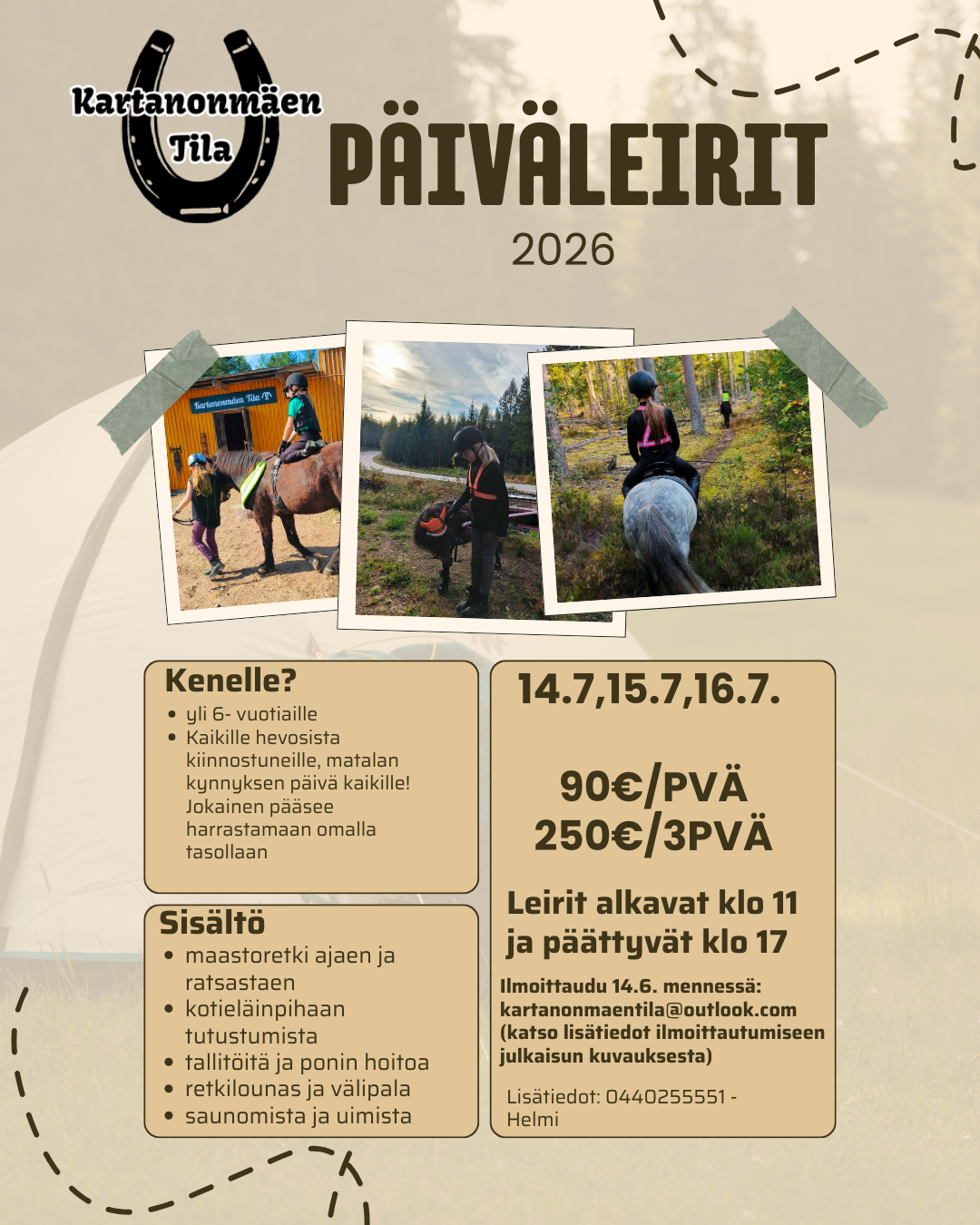 Haluatko yöpyä tallilla leirein ajan? 40€/yö, sis. ilta- ja aamupalan